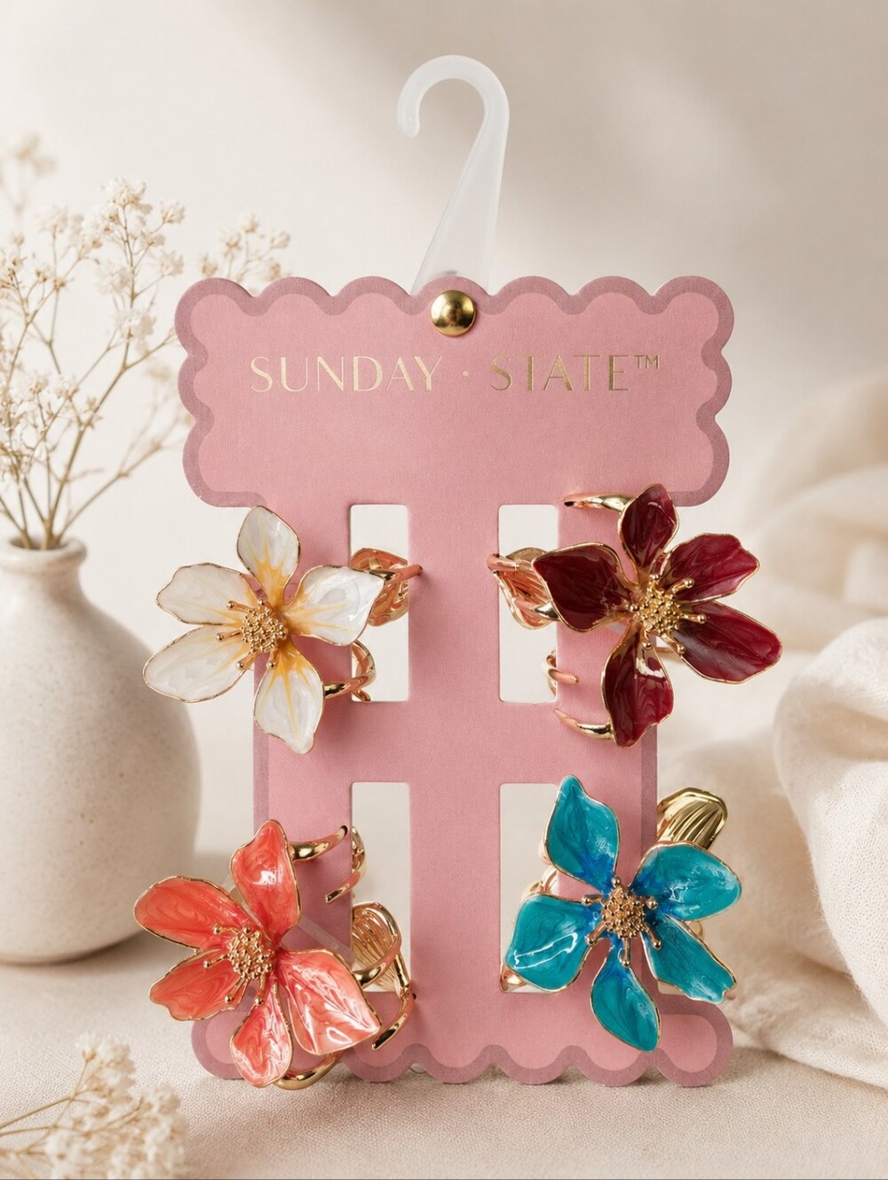 Sunday State Floral Enamel Hair Claw Clips Set of 4, NWT